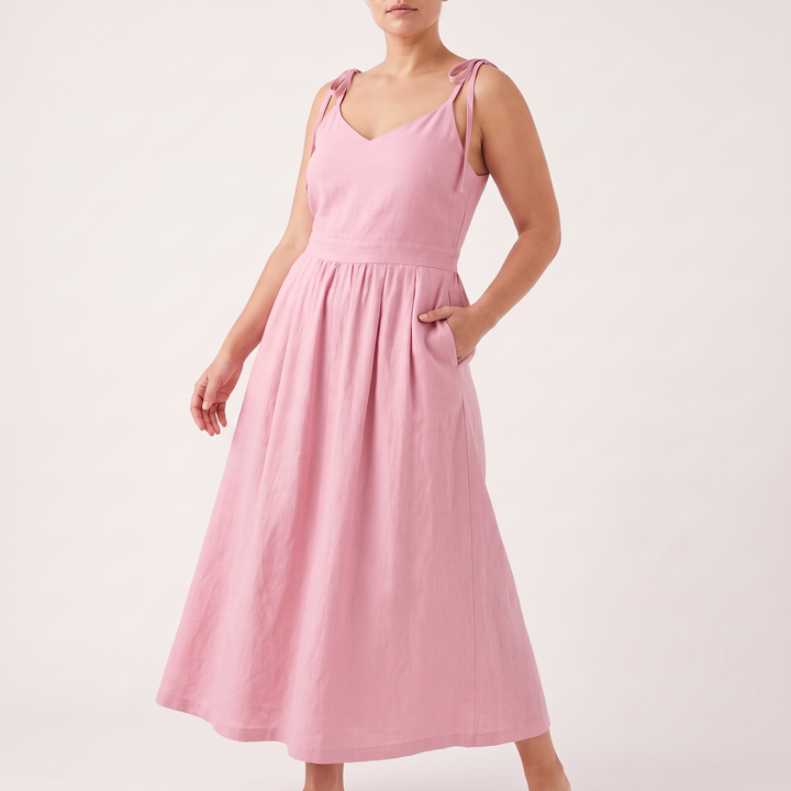 Women's Tie-Shoulder V-Neck Midi Sundress Gathered-Waist