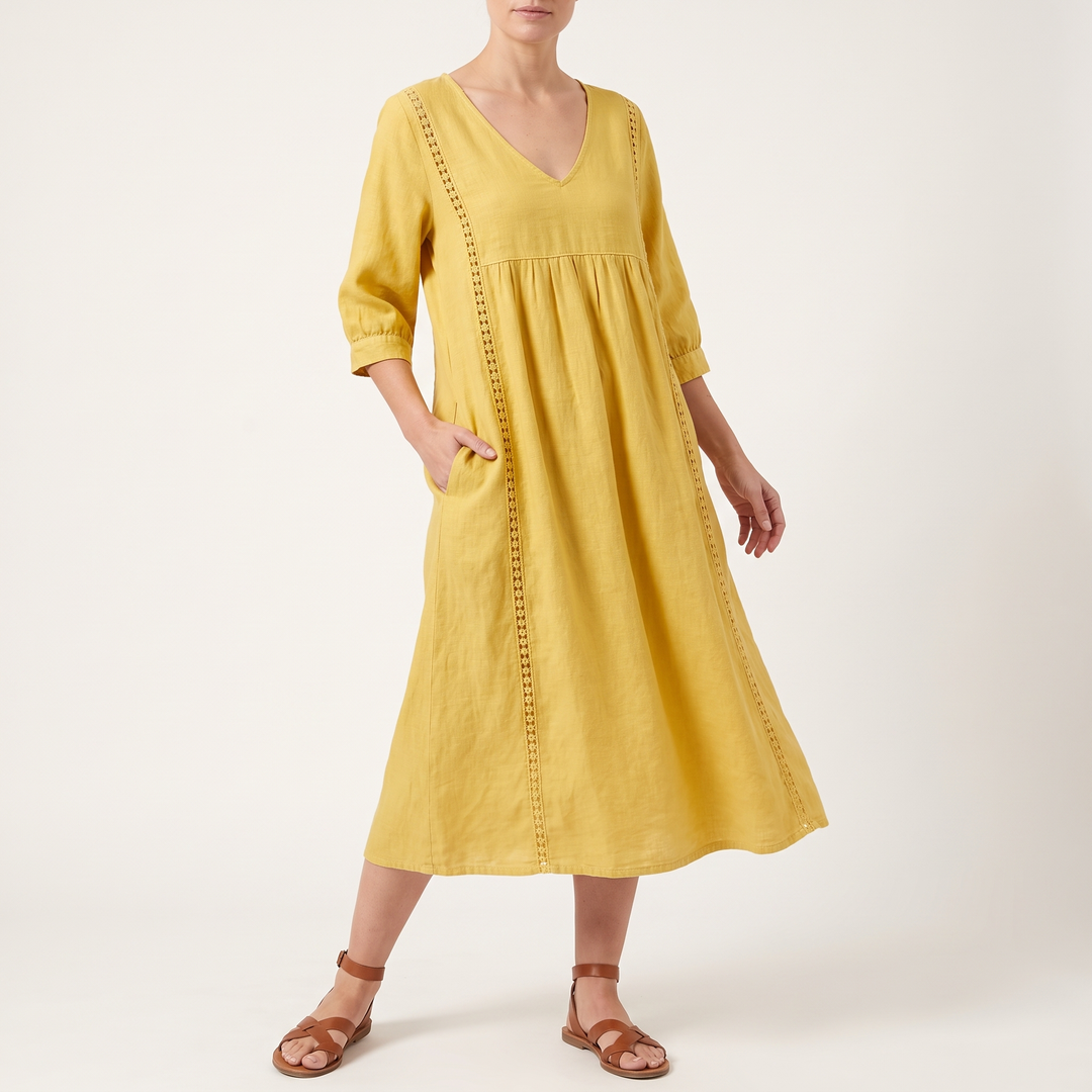 Women's V-Neck Midi Sundress Crochet-Trim Gathered-Waist