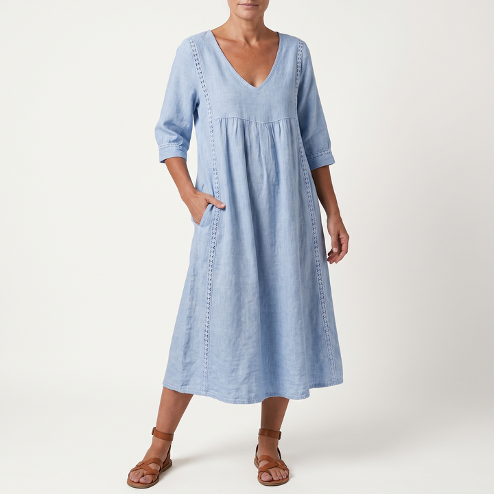 Women's V-Neck Midi Sundress Crochet-Trim Gathered-Waist