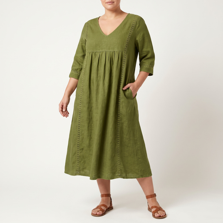 Women's V-Neck Midi Sundress Crochet-Trim Gathered-Waist