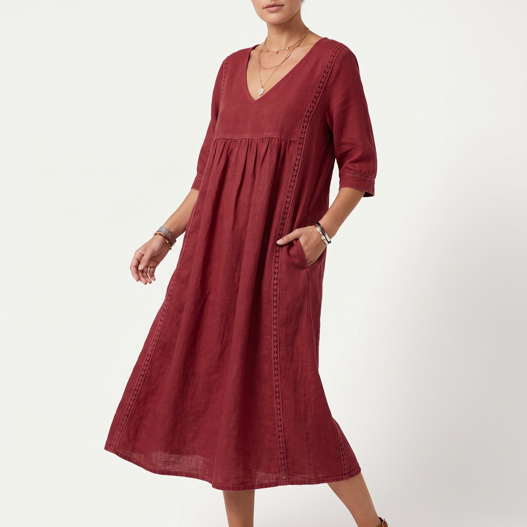 Women's V-Neck Midi Sundress Crochet-Trim Gathered-Waist
