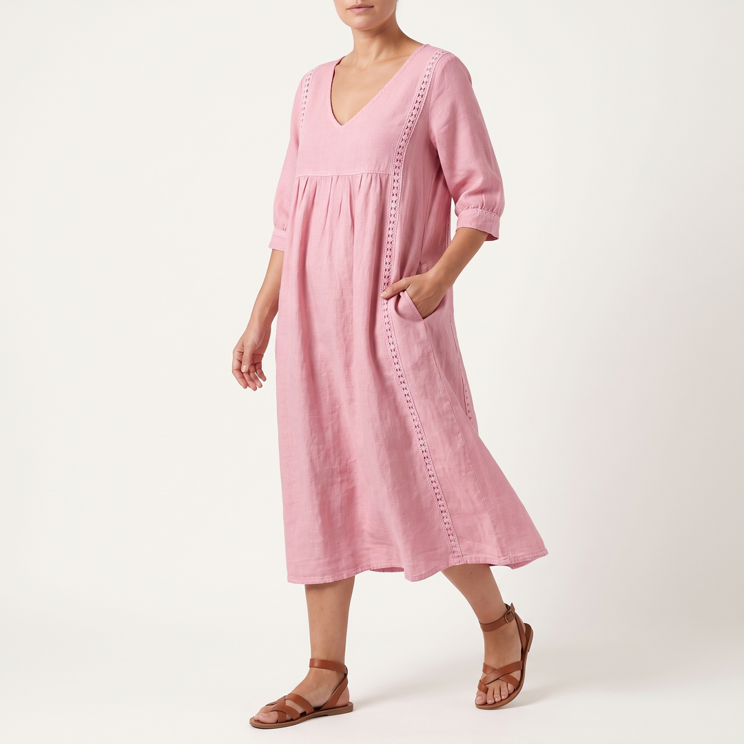 Women's V-Neck Midi Sundress Crochet-Trim Gathered-Waist