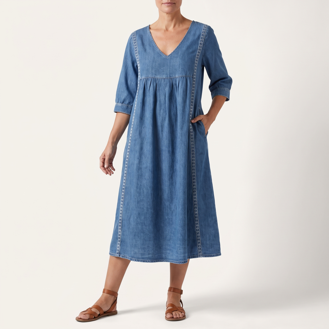 Women's V-Neck Midi Sundress Crochet-Trim Gathered-Waist