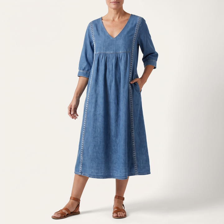 Women's V-Neck Midi Sundress Crochet-Trim Gathered-Waist