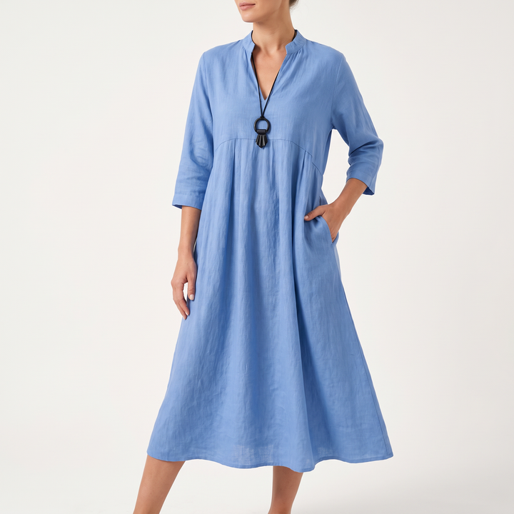 Women's V-Neck Midi Sundress Roll-Sleeve Gathered-Waist Pocket