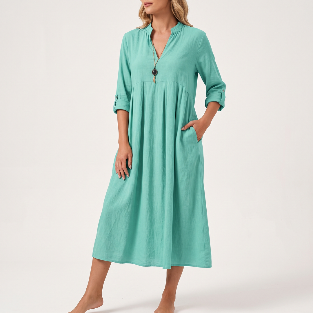 Women's V-Neck Midi Sundress Roll-Sleeve Gathered-Waist Pocket