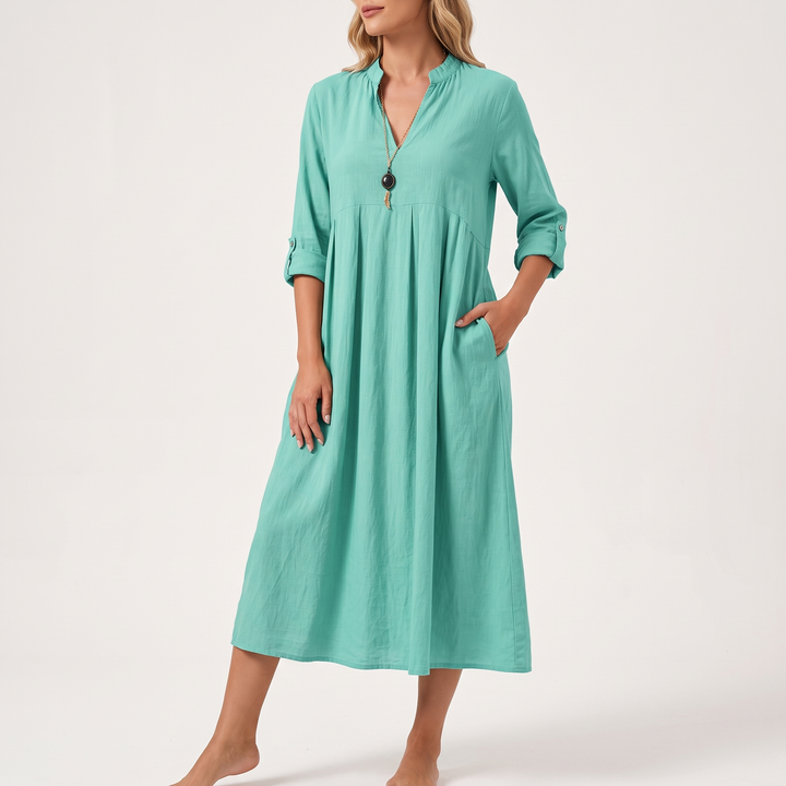 Women's V-Neck Midi Sundress Roll-Sleeve Gathered-Waist Pocket