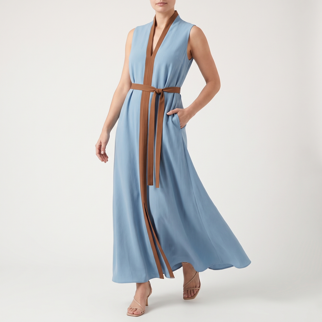 Women's Stand-Collar Maxi Sundress Contrast-Trim Wrap-Front