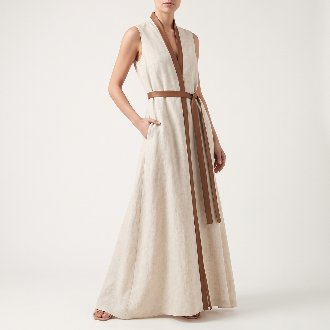 Women's Stand-Collar Maxi Sundress Contrast-Trim Wrap-Front