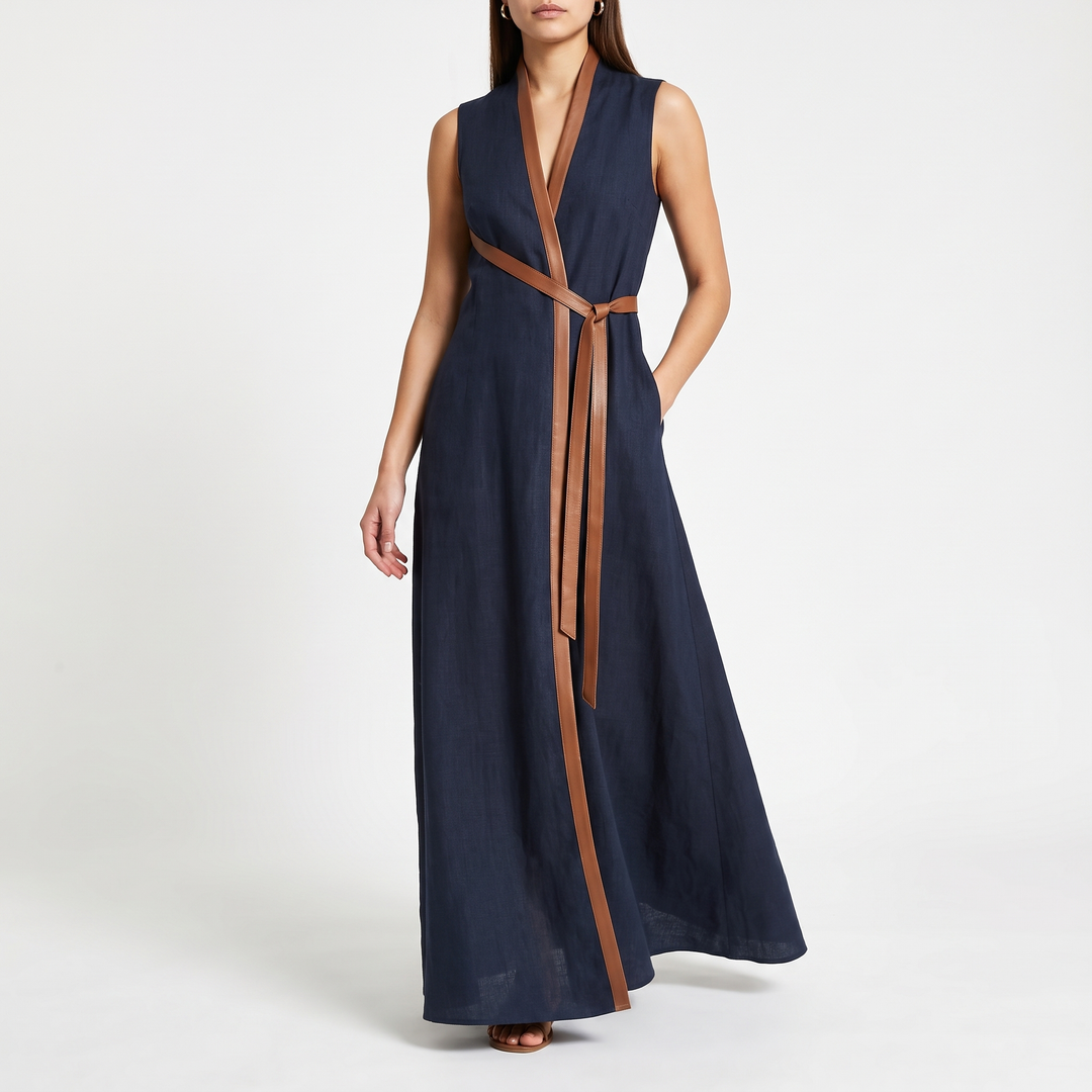Women's Stand-Collar Maxi Sundress Contrast-Trim Wrap-Front