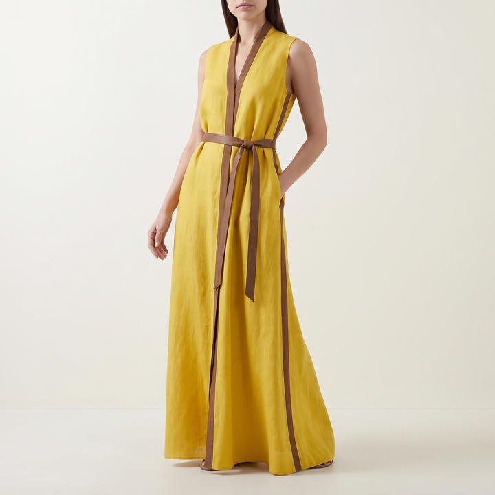 Women's Stand-Collar Maxi Sundress Contrast-Trim Wrap-Front