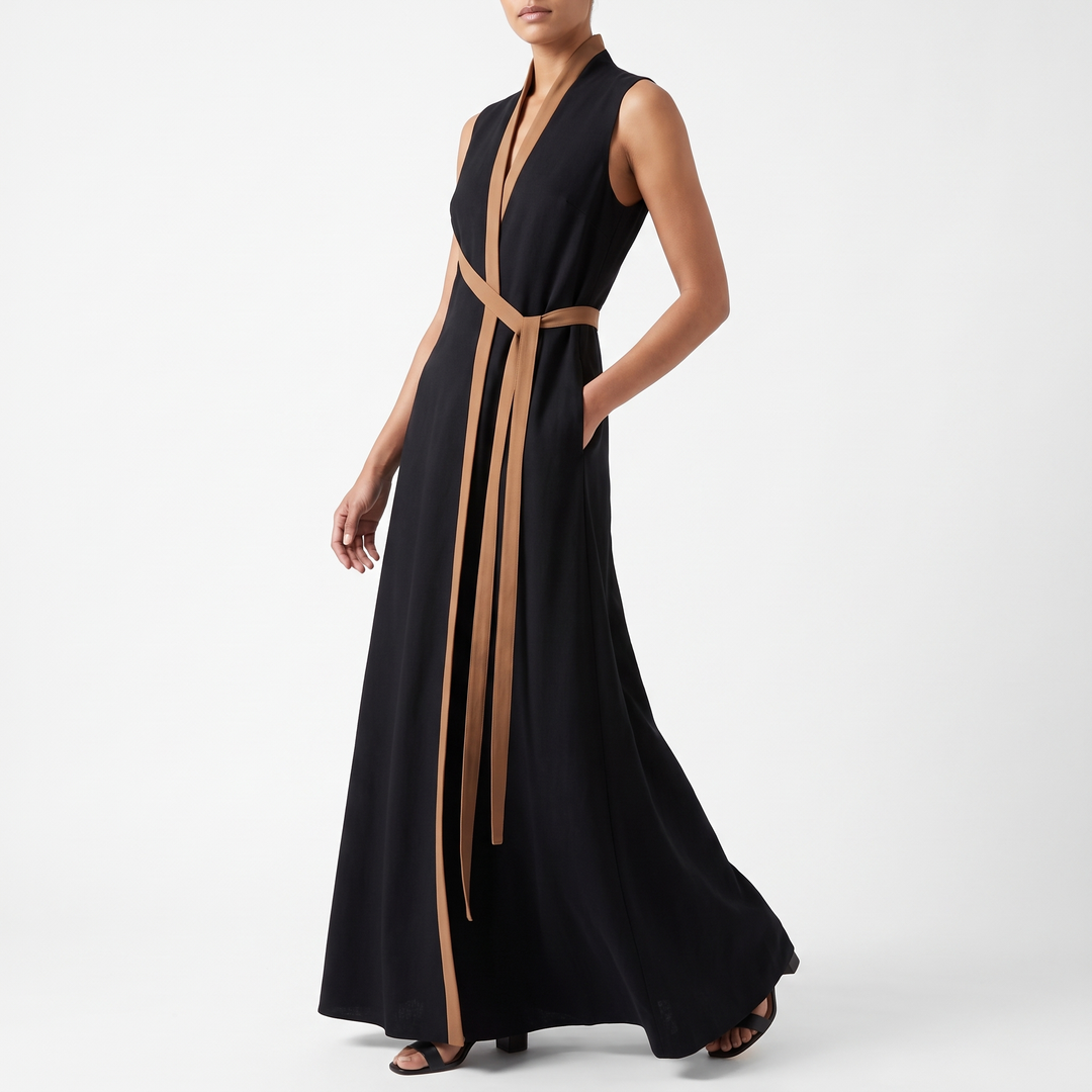 Women's Stand-Collar Maxi Sundress Contrast-Trim Wrap-Front