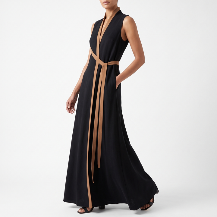 Women's Stand-Collar Maxi Sundress Contrast-Trim Wrap-Front