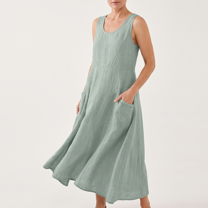 Women's Sleeveless Scoop-Neck Maxi Sundress Curved-Hem Pocket