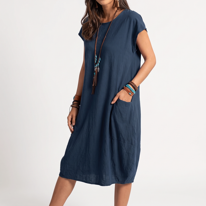 Women's Cap-Sleeve Round-Neck Mini Sundress Balloon-Hem Pocket