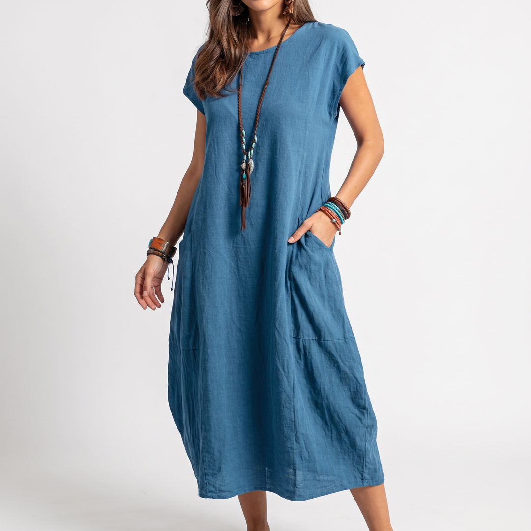 Women's Cap-Sleeve Round-Neck Mini Sundress Balloon-Hem Pocket