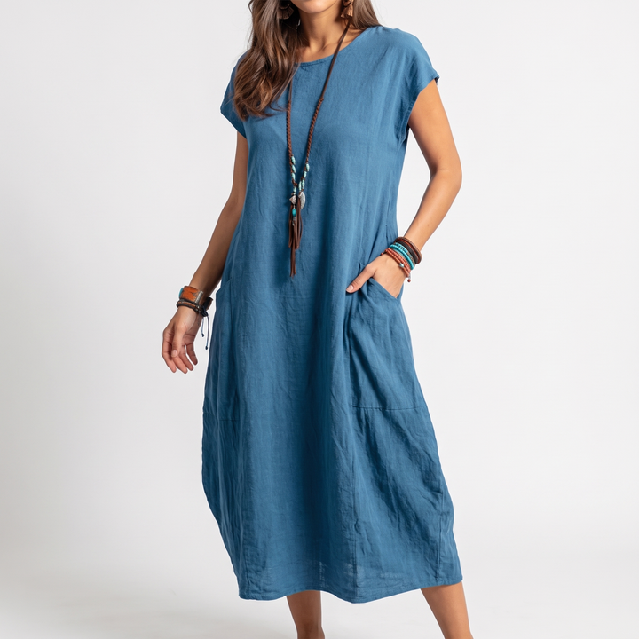 Women's Cap-Sleeve Round-Neck Mini Sundress Balloon-Hem Pocket