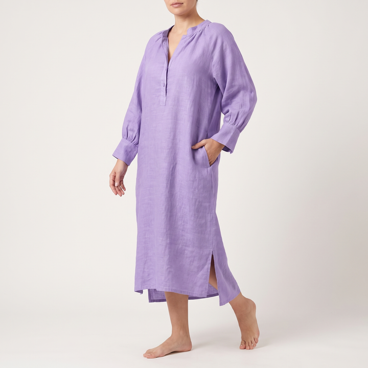 Women's Linen Button-Front Maxi Sundress Balloon-Sleeve Side-Slit