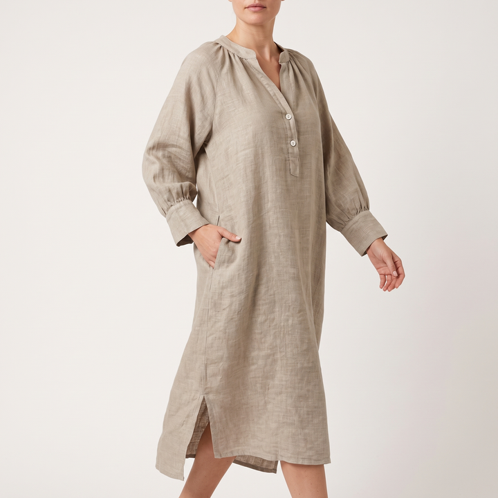 Women's Linen Button-Front Maxi Sundress Balloon-Sleeve Side-Slit