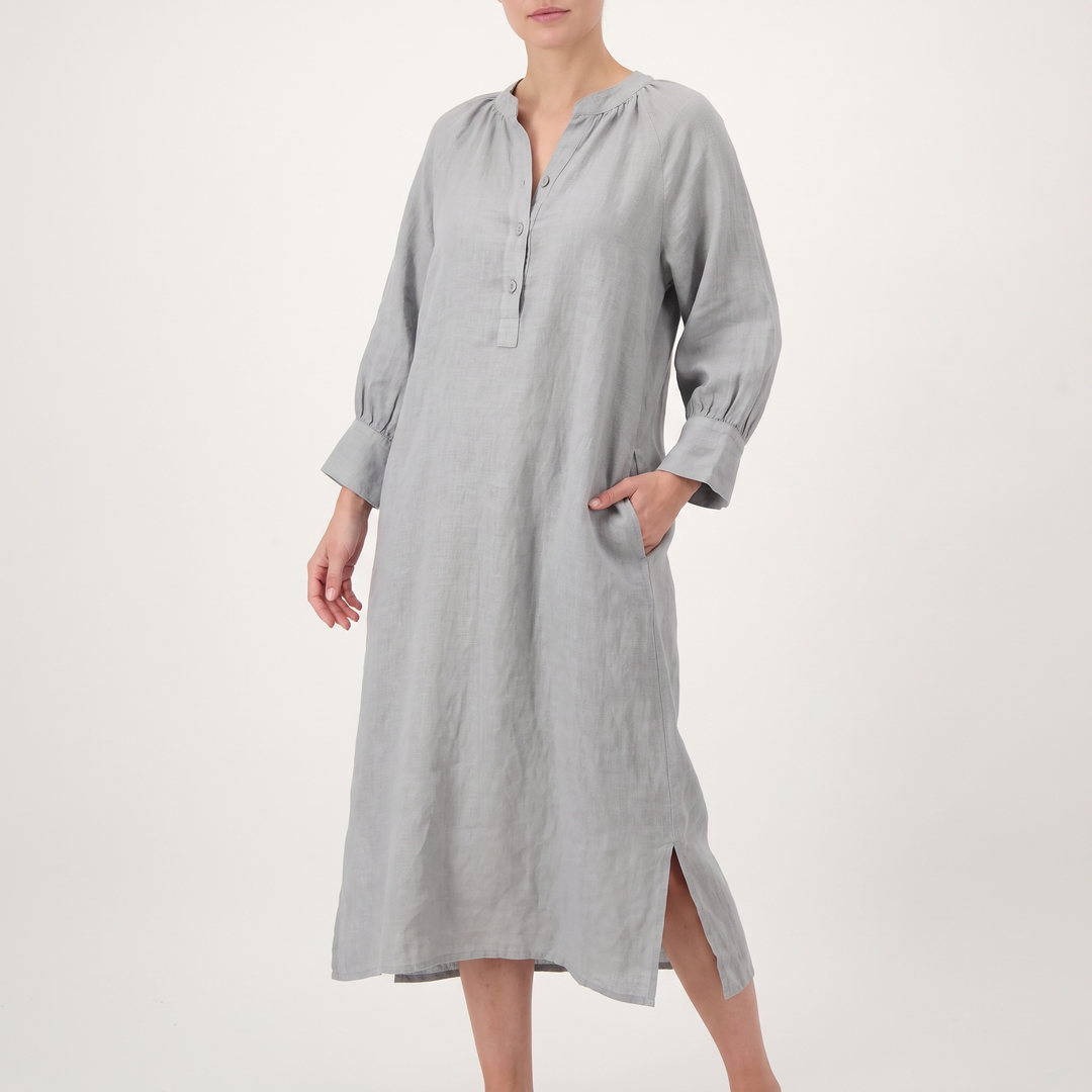 Women's Linen Button-Front Maxi Sundress Balloon-Sleeve Side-Slit
