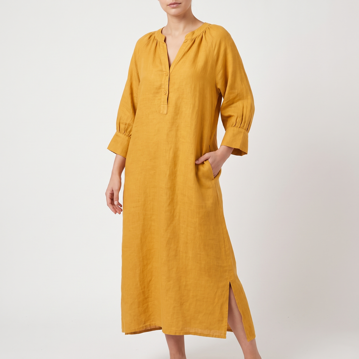 Women's Linen Button-Front Maxi Sundress Balloon-Sleeve Side-Slit