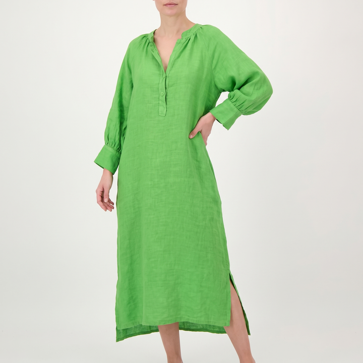 Women's Linen Button-Front Maxi Sundress Balloon-Sleeve Side-Slit