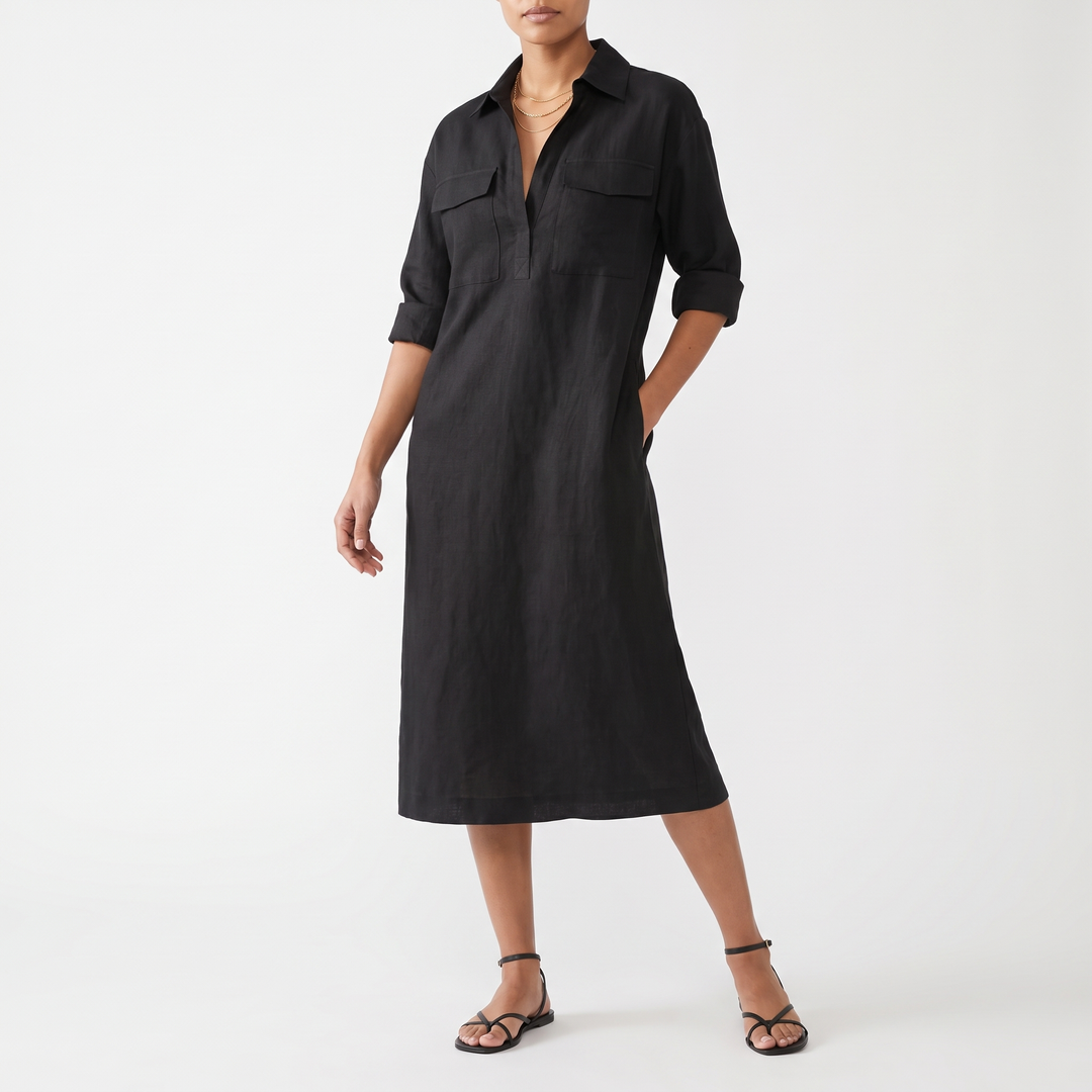 Women's Collared Shirt Dress Roll-Sleeve Chest-Pocket Midi