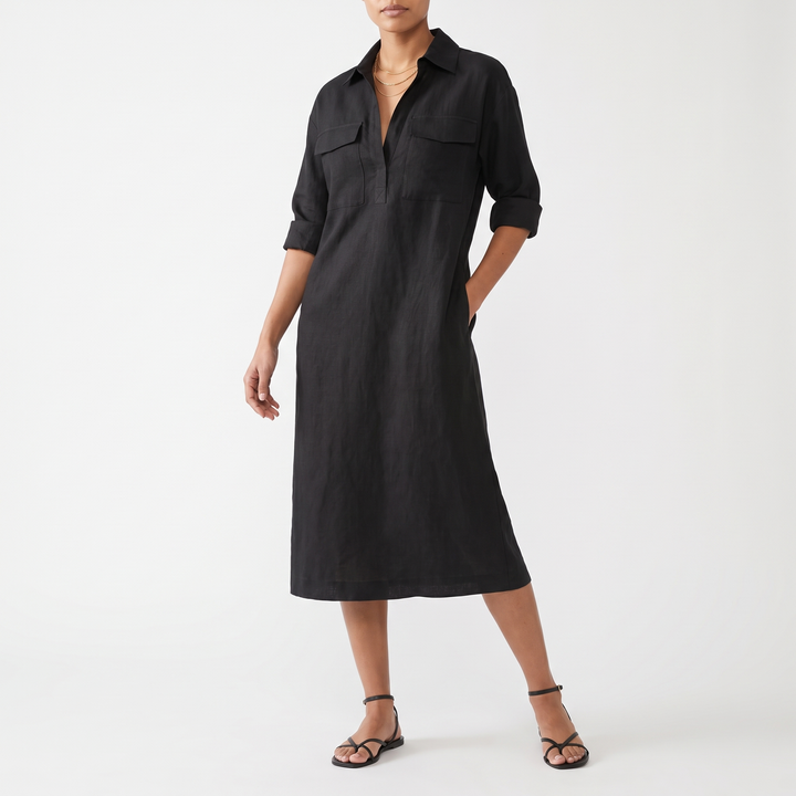 Women's Collared Shirt Dress Roll-Sleeve Chest-Pocket Midi
