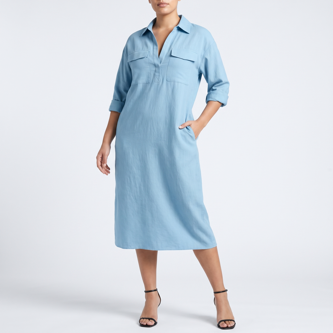 Women's Collared Shirt Dress Roll-Sleeve Chest-Pocket Midi