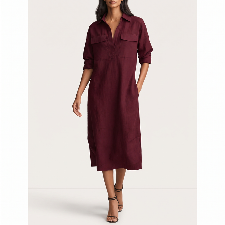 Women's Collared Shirt Dress Roll-Sleeve Chest-Pocket Midi