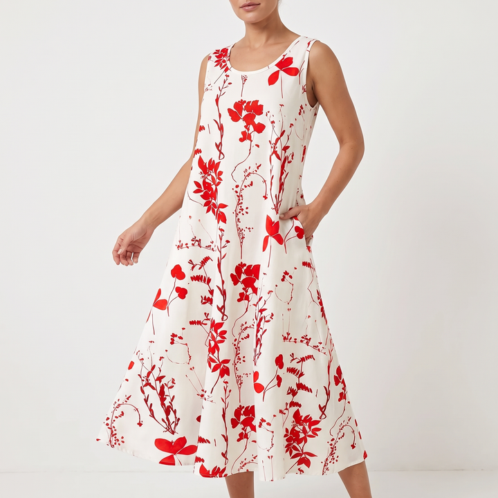 Women's Floral Print Scoop-Neck A-Line Midi Sundress with Side Pockets
