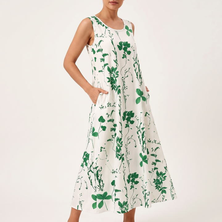 Women's Floral Print Scoop-Neck A-Line Midi Sundress with Side Pockets