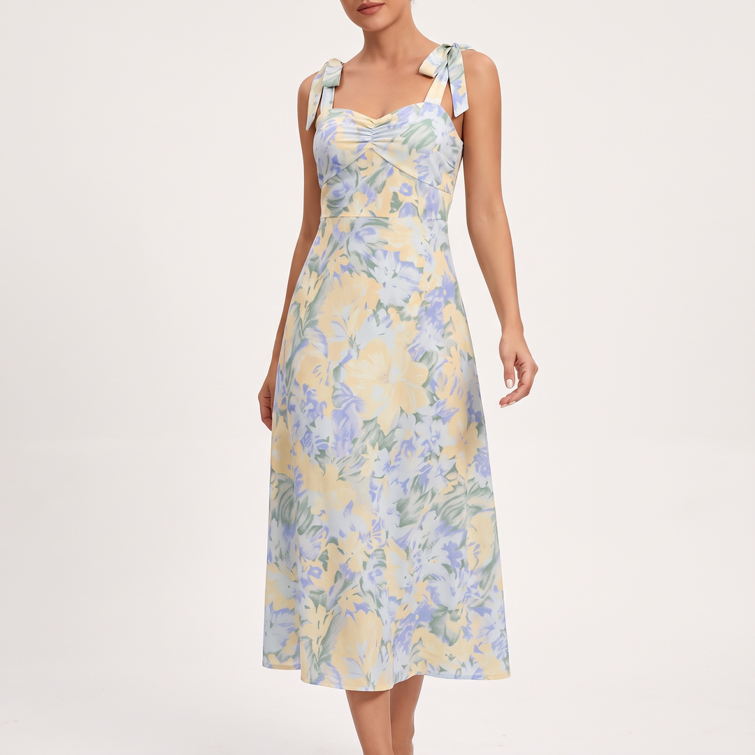 Amelia | Women's Floral Midi Wedding Guest Dress Tie-Shoulder A-Line, Light Blue