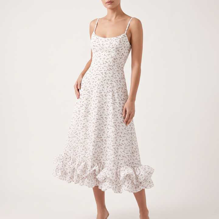 Women's Floral Print Spaghetti-Strap Bustier Midi Dress with Ruffle Hem