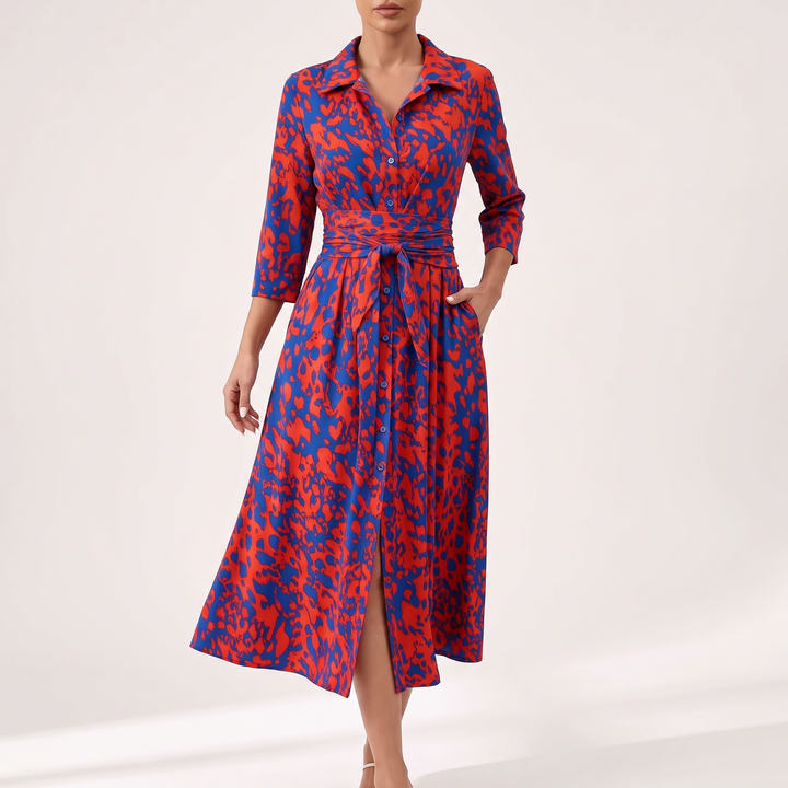 Women's Abstract Print Midi Shirt Dress Belted Button-Front
