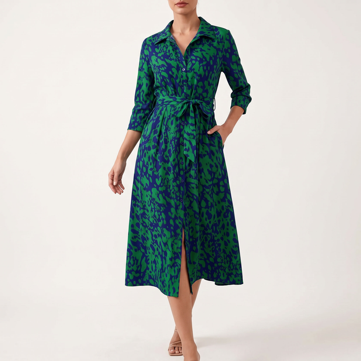Women's Abstract Print Midi Shirt Dress Belted Button-Front