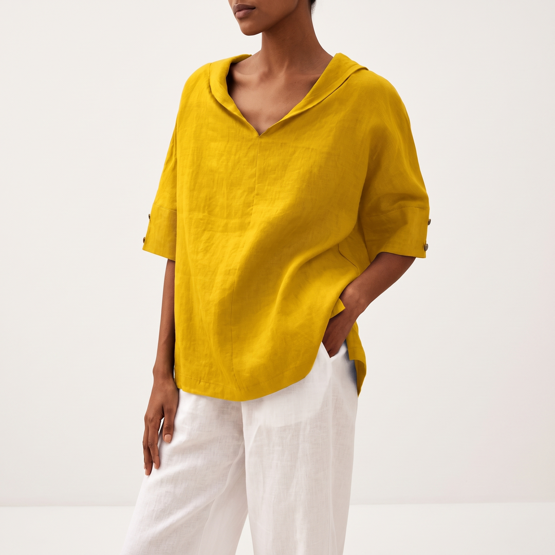 Women's Green V-Neck Short-Sleeve Blouse Hip-Length