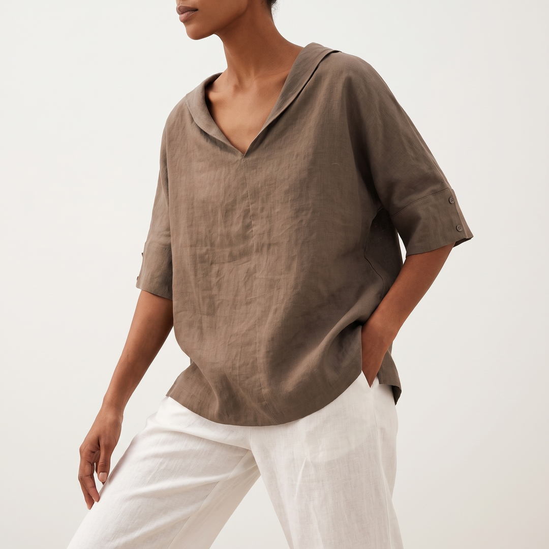 Women's Green V-Neck Short-Sleeve Blouse Hip-Length