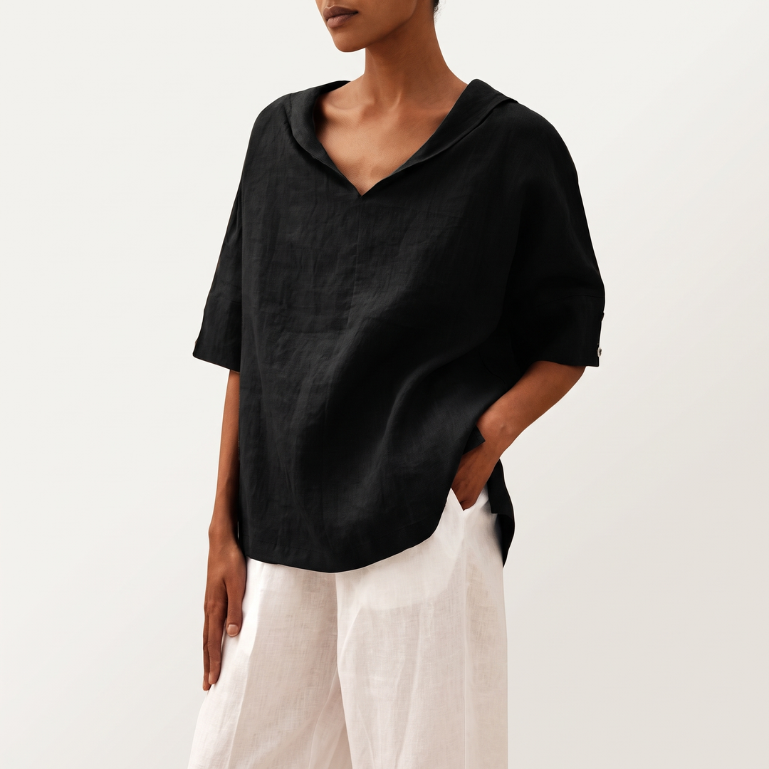 Women's Green V-Neck Short-Sleeve Blouse Hip-Length