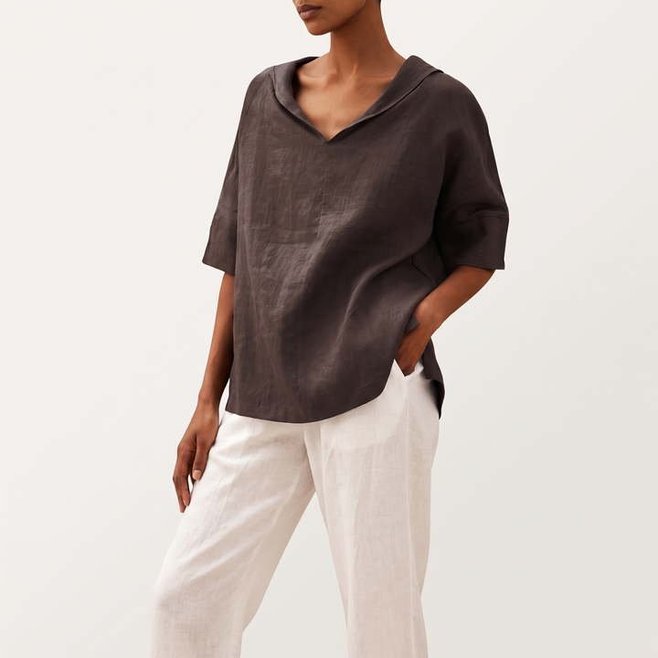 Women's Green V-Neck Short-Sleeve Blouse Hip-Length