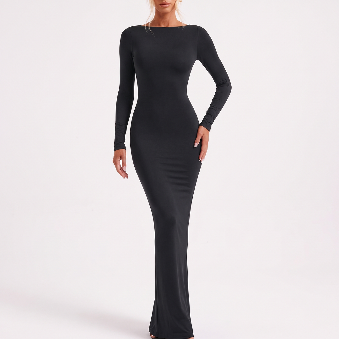 Women's Open-Back Long-Sleeve Fitted Maxi Dress with Floor-Length Skirt