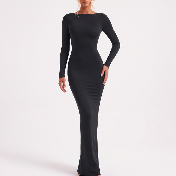 Women's Open-Back Long-Sleeve Fitted Maxi Dress with Floor-Length Skirt