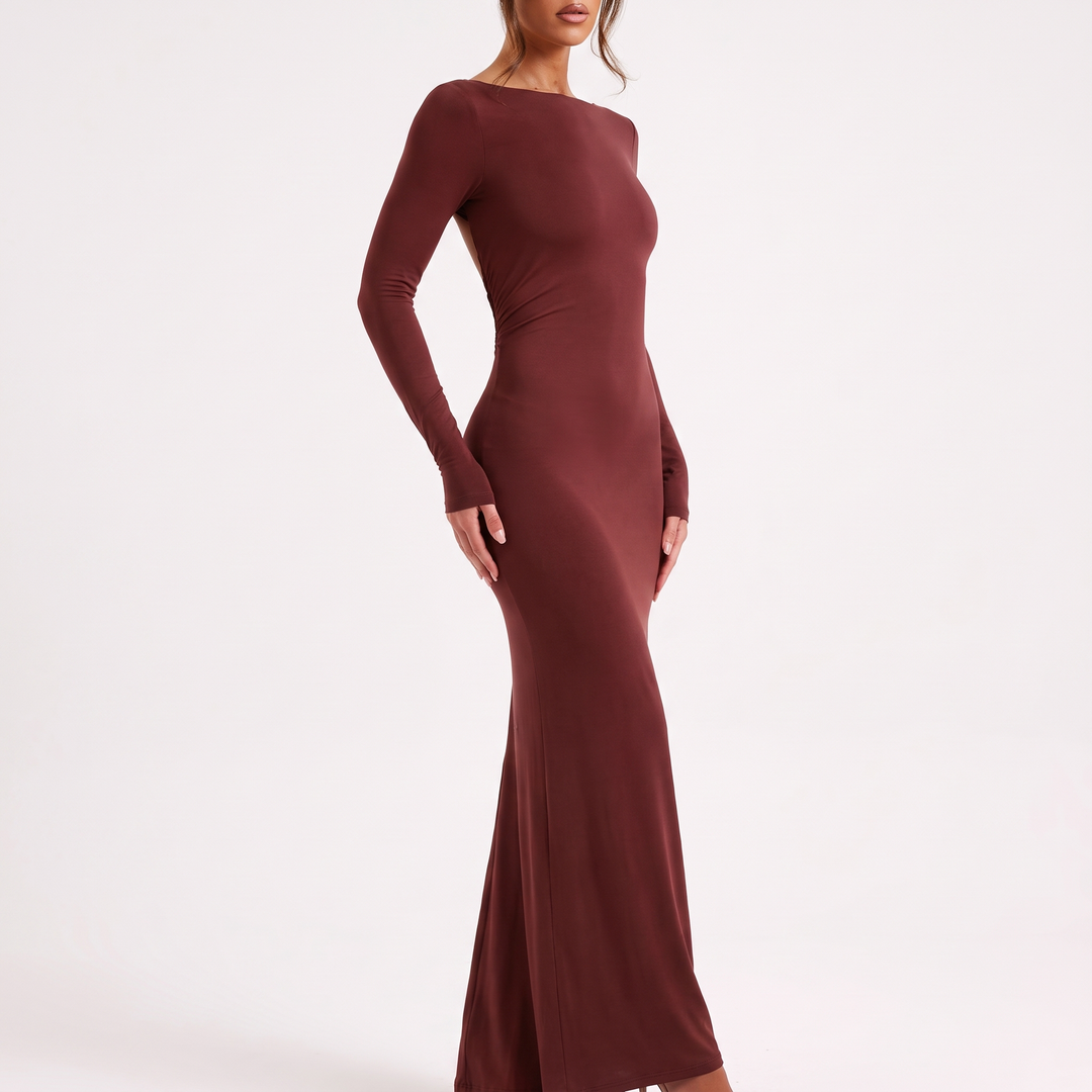 Women's Open-Back Long-Sleeve Fitted Maxi Dress with Floor-Length Skirt