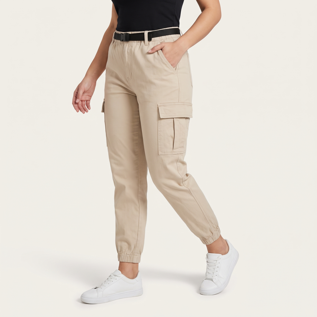 Women's High-Waist Cargo Ankle-Length Pants With Belted Waist