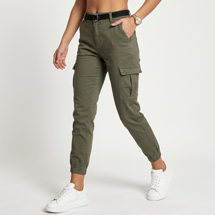 Women's High-Waist Cargo Ankle-Length Pants With Belted Waist