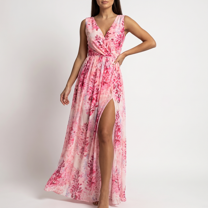 Women's Floral Print Sleeveless Wrap Maxi Dress with V-Neck and High Slit