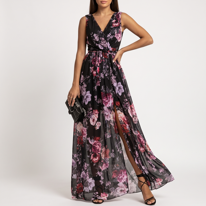 Women's Floral Print Sleeveless Wrap Maxi Dress with V-Neck and High Slit