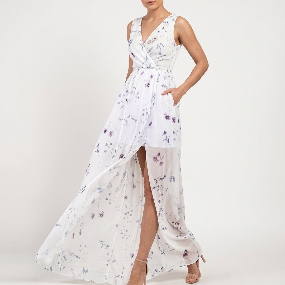 Women's Floral Print Sleeveless Wrap Maxi Dress with V-Neck and High Slit