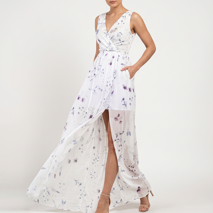 Women's Floral Print Sleeveless Wrap Maxi Dress with V-Neck and High Slit