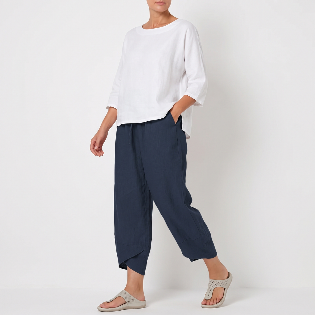 Women's Beige Wide-Leg Cropped Pants Elastic-Waist Side-Pocket Trousers